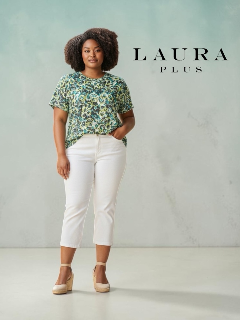 Laura Plus, 2X Plus Size, Abstract Print Top Stretch, Green, Blue, White